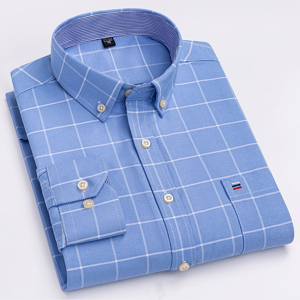 Chemise oxford ajustée pour homme, manches longues, boutonnée, motif à carreaux, poche poitrine, décontractée et formelle, collection printemps/automne, tissu durable