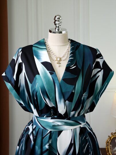Rometta Robe grande taille pour femme, élégante, en tissu doux pour la peau, imprimé tissé, col superposé, motif géométrique, sans manches, coupe trapèze, formelle, vert foncé