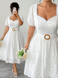 Elenzga Robe grande taille pour femme, style français élégant et raffiné, avec broderie, dentelle ajourée, col carré, taille cintrée, manches courtes bouffantes, convient pour l'été, la rentrée, les vacances, la Saint-Valentin, Noël, Halloween, les rendez