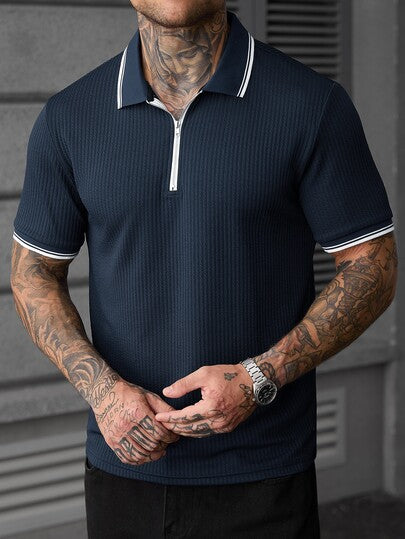 Manfinity CasualCool Chemise polo à manches courtes décontractée pour hommes, Top en tricot jacquard pour hommes, chemise polo à manches courtes rayée, style vintage, tenue décontractée quotidienne