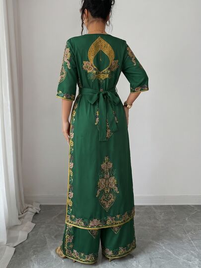 Selianne Ensemble 2 pièces pour femme, nouvelle collection printemps/été, chemise longue bohème à imprimé moyen-oriental avec col en V, taille cintrée, manches chauve-souris longues, bordure dorée contrastante, chemise à manches longues et courtes + panta