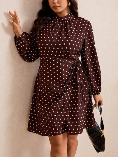 Elaquor Robe à pois grande taille avec ceinture à nouer, robe à pois élégante pour femmes automne/hiver, robe élégante pour femmes, robe élégante pour le travail de bureau pour femmes