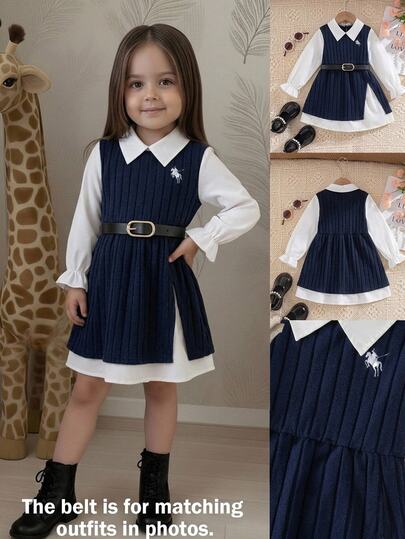 Emery Rose Kids Emery Rose Kids Robe décontractée pour jeune fille avec broderie chevalier, col à revers contrasté et manches longues