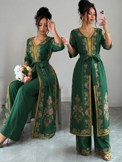 Selianne Ensemble 2 pièces pour femme, nouvelle collection printemps/été, chemise longue bohème à imprimé moyen-oriental avec col en V, taille cintrée, manches chauve-souris longues, bordure dorée contrastante, chemise à manches longues et courtes + panta