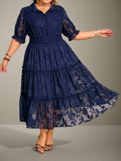 Flouryn Robe mi-longue à manches courtes en mousseline de soie avec taille élastique serrée pour femmes de grande taille, de couleur bleue