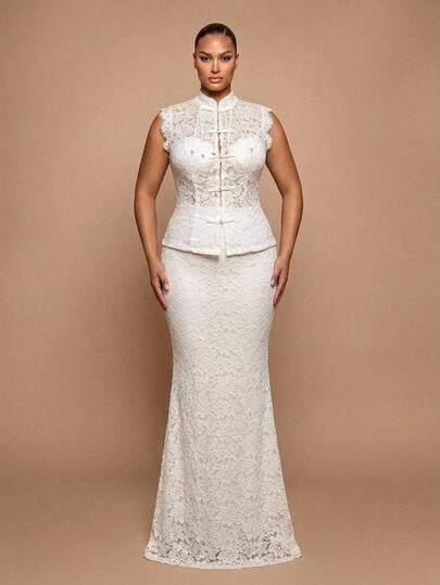 Glamrae Robe de soirée pour femme grande taille élégante glamour romantique blanche col montant ajouré décoration boutons grenouille ensemble deux pièces transparent coupe slim ourlet sirène avec traîne convient pour soirée fête célibataire rendez-vous ba