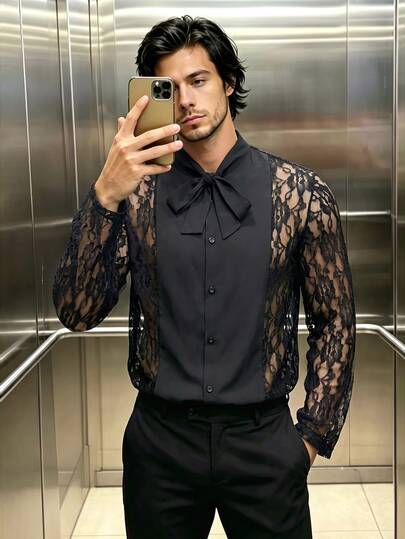 Manfinity Dauomo Chemise pour homme en dentelle transparente avec col nœud papillon
