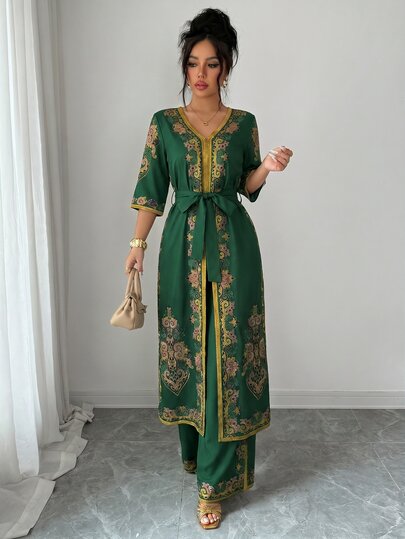 Selianne Ensemble 2 pièces pour femme, nouvelle collection printemps/été, chemise longue bohème à imprimé moyen-oriental avec col en V, taille cintrée, manches chauve-souris longues, bordure dorée contrastante, chemise à manches longues et courtes + panta
