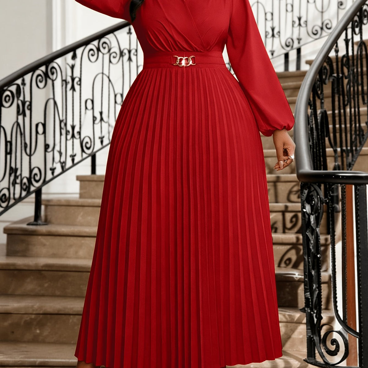 Robe mi-longue à manches longues, col en V, taille cintrée, plissée, élégante, pour femme grande taille
