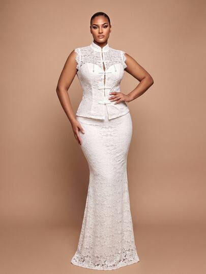 Glamrae Robe de soirée pour femme grande taille élégante glamour romantique blanche col montant ajouré décoration boutons grenouille ensemble deux pièces transparent coupe slim ourlet sirène avec traîne convient pour soirée fête célibataire rendez-vous ba