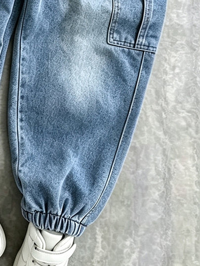 Ensemble 2 pièces 5-15° pour jeune garçon, sweat-shirt col ras-du-cou minimaliste et confortable & pantalon cargo, design simple et cool avec imprimé lettres anglaises sur tout le vêtement, convient pour les fêtes de vacances, les rassemblements, décontra