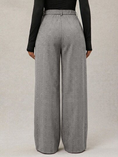 Radiana Pantalon large ample à pied-de-poule marron pour femmes grande taille, pantalon de ville, pantalon large marron, pantalon large taille haute, pantalon de costume marron, pantalon taille haute marron, pantalon long, pantalon décontracté ample, styl
