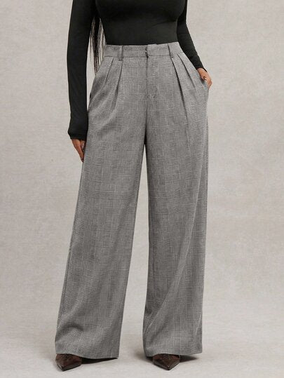 Radiana Pantalon large ample à pied-de-poule marron pour femmes grande taille, pantalon de ville, pantalon large marron, pantalon large taille haute, pantalon de costume marron, pantalon taille haute marron, pantalon long, pantalon décontracté ample, styl
