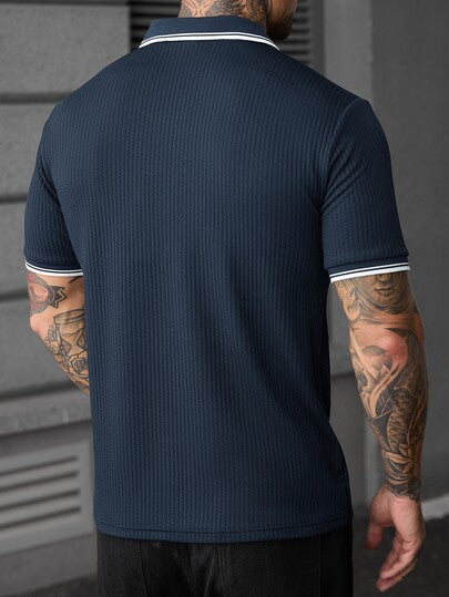Manfinity CasualCool Chemise polo à manches courtes décontractée pour hommes, Top en tricot jacquard pour hommes, chemise polo à manches courtes rayée, style vintage, tenue décontractée quotidienne