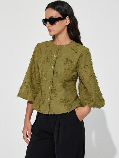 Aveloria Modichic Nouvelle blouse élégante à manches mi-longues bouffantes, design décoratif jacquard lanterne à franges, taille cintrée, mode polyvalente