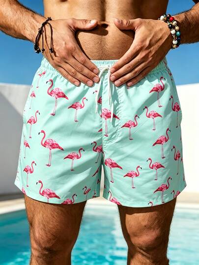 Manfinity KASUA Maillots de bain pour hommes avec cordon de serrage à la taille, poche avant, stretch 4 sens léger, imprimés flamants roses pour la plage, les vacances, les jours fériés