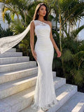 Firerie Robe longue ajustée pour femme, style élégant romantique et sexy, col asymétrique, mode estivale pour le travail, convient pour soirée, dîner, mariage formel, mariage blanc