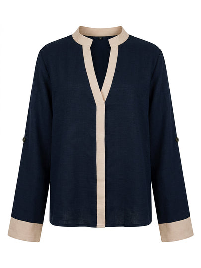 Blouse élégante pour femmes à texture douce et blocs de couleurs, col mi-ouvert, poignets ajustables, Top décontracté pour tous les jours