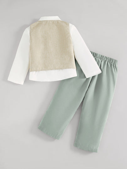 Ensemble de tenue pour garçon préadolescent, gilet kaki sans manches décontracté, chemise blanche et pantalon habillé vert olive, tenue de gentleman, chemise blanche, ensemble de tenue pour garçon, convient pour le printemps/été, tenue, réunion de famille