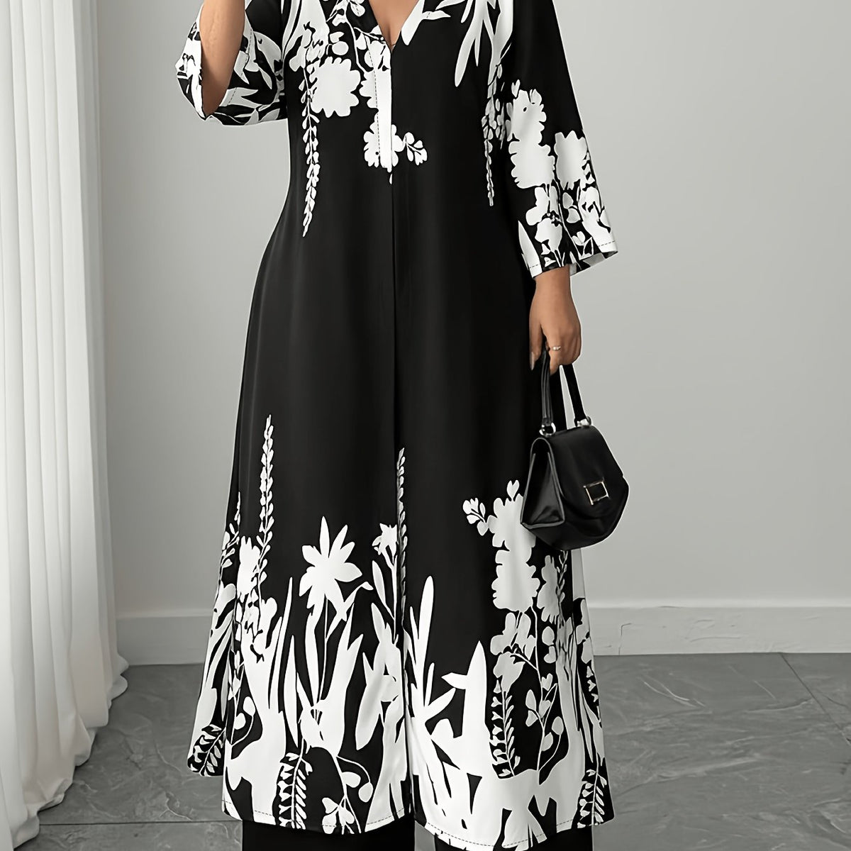 Ensemble 2 pièces pour femmes grande taille : longue veste et pantalon élégant décontracté à imprimé floral