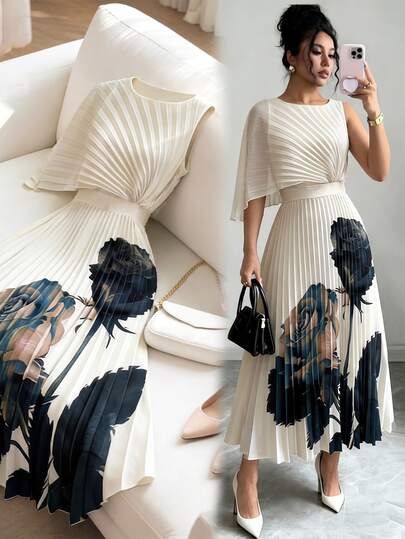 Modelyn Robe élégante pour femmes à col rond, taille froncée avec imprimé placé. Robe évasée gracieuse et romantique, polyvalente pour le travail, les sorties décontracté et les vacances, printemps/été