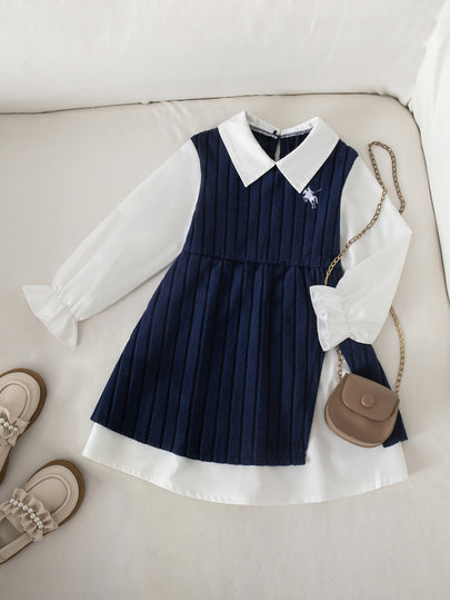 Emery Rose Kids Emery Rose Kids Robe décontractée pour jeune fille avec broderie chevalier, col à revers contrasté et manches longues
