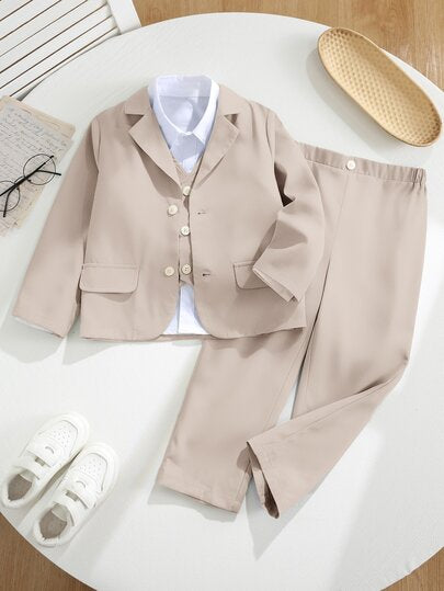 3 pièces/Set Veste de costume verte décontractée, gilet et pantalon pour jeune garçon, tenue de style gentleman convenant pour un anniversaire, une fête, une soirée, une représentation, un mariage, une baby shower, un baptême et une célébration du 1er ann