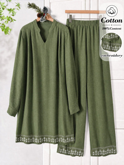 Rusticease Ensemble 2 pièces femme en coton, couleur unie, top à col V cranté brodé à manches longues et pantalon, style décontracté pour le quotidien et la maison, vert et blanc, automne