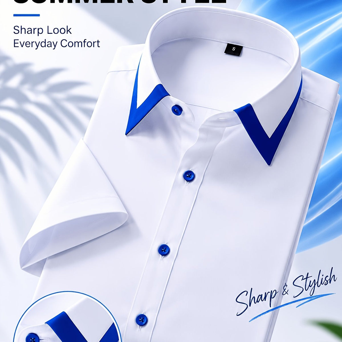 Chemise à manches courtes pour homme, bleu blanc à carreaux contrastés, boutonnée, pour remise de diplôme et vacances, respirante extensible décontractée professionnelle été 2026, décontractée
