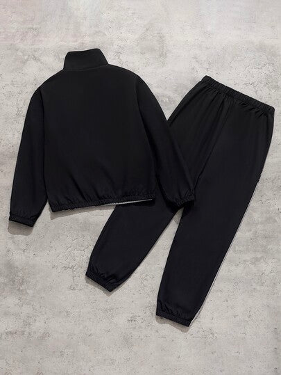 2 pièces/Ensemble Veste Cardigan à Manches Longues avec Fermeture Éclair et Pantalon Imprimé Slogan Patchwork décontracté Street pour Garçons Préadolescents, Convient pour le Port Quotidien décontracté Printemps/Automne, Convient pour la Tenue Enfant Auto