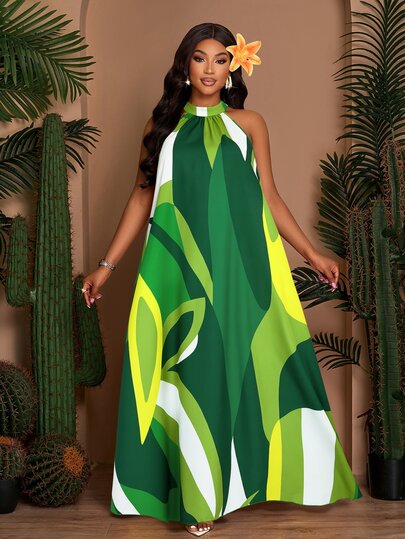 SOLERSUN Robe ample à imprimé pour femmes grandes tailles pour le printemps et l'été, robe dos nu avec lien au cou et cordon de serrage, coupe évasée. Robe d'été, robe longue pour vacances à la plage (avec poches latérales)