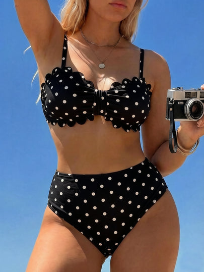 Swim Mod Maillot de bain bikini 2 pièces grande taille, nouveauté printemps/été 2026, côtelé avec imprimé numérique, sexy, bonnets rembourrés amovibles, bretelles détachables et réglables, Top bandeau avec accessoire pétale, bas triangle taille haute coup