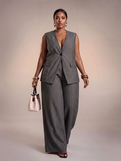 Veslaya Nouveau printemps/été Élégant Navette & Élégant Fête & Rendez-vous & Digne Gris & Blanc Rayé Blazer Style Lâche Régulier Cardigan Top Et Pantalon Jambe Large Extra Long Avec Poches Femmes grande taille Ensemble 2 Pièces - A