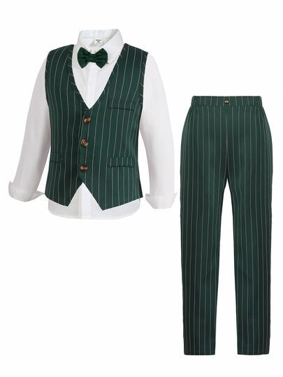 Ensemble 2 pièces pour garçon préadolescent vert foncé style gentleman preppy formel : gilet, pantalon, tenue de mariage traditionnelle élégante d'automne pour garçon d'honneur, porteur d'alliances, blanc