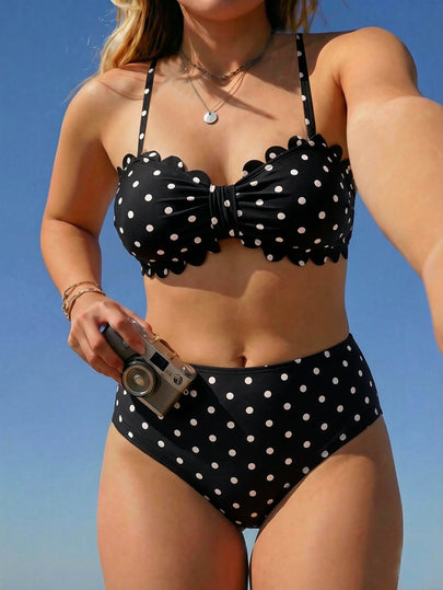 Swim Mod Maillot de bain bikini 2 pièces grande taille, nouveauté printemps/été 2026, côtelé avec imprimé numérique, sexy, bonnets rembourrés amovibles, bretelles détachables et réglables, Top bandeau avec accessoire pétale, bas triangle taille haute coup