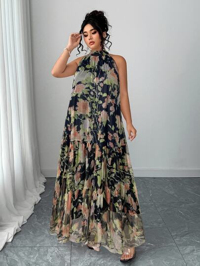 Elenzga Robe élégante en mousseline sans manches à fleurs et maille pour femmes grandes tailles