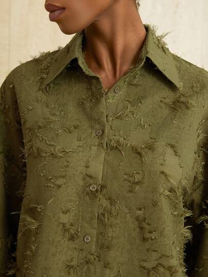 Aveloria Modichic Chemise décontractée à manches 3/4 vert olive, coupe décontractée, col classique, confortable à porter