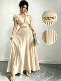 Elenzga Nouvelle robe maxi élégante pour femmes avec col en V, manches à volants, couleur unie, décoration en métal, design plissé, idéale pour les fêtes, les dîners et les cocktails