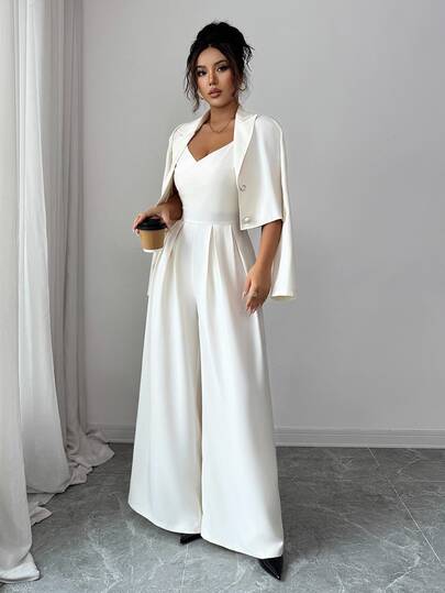 Elenzga Nouveau Combinaison Femme en Tissu Tressé à Bretelles Fines, Dos Nu, Réglable, Jambe Large avec Col Cranté et Veste Manches Longues, Ensemble 2 Pièces Polyvalent Élégant pour Jeune Femme, Automne/Hiver