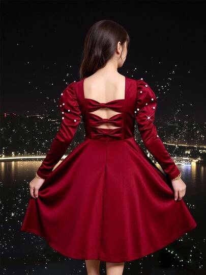 Sparklyn Robe élégante et mignonne de couleur unie rouge bordeaux à manches longues pour les filles préadolescentes, pour les fêtes d'automne et les dîners