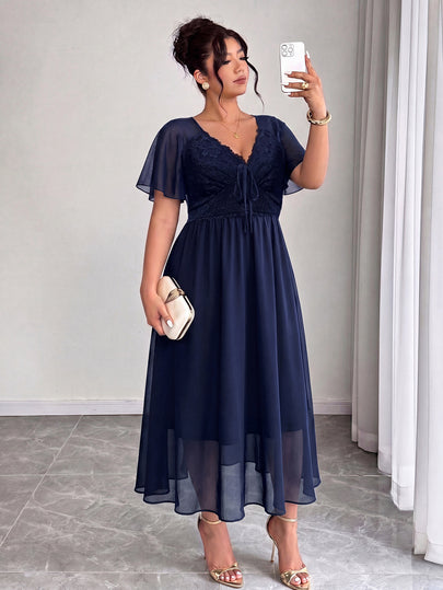 Elenzga Robe grande taille en mousseline patchwork froncée avec dentelle et dos nu