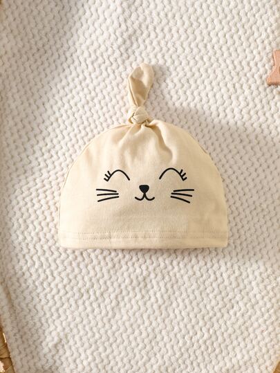 3 pièces Ensemble nouveau-né imprimé visage de chat, barboteuse à manches longues, pantalon et bonnet, beige, coton, automne, neutre