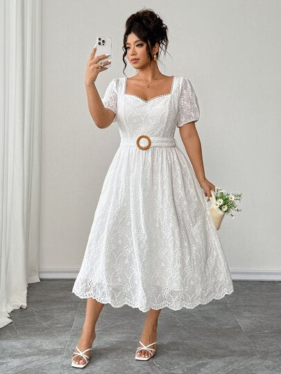 Elenzga Robe grande taille pour femme, style français élégant et raffiné, avec broderie, dentelle ajourée, col carré, taille cintrée, manches courtes bouffantes, convient pour l'été, la rentrée, les vacances, la Saint-Valentin, Noël, Halloween, les rendez