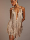 Hauture Robe mini pour femme avec franges à glands suspendues, décolleté plongeant, col licou et dos nu