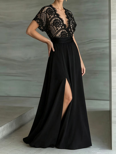 Weeklong Robe de vacances décontractée grande taille pour femmes, printemps-été, patchwork de dentelle, couleur contrastée, taille cintrée, coupe trapèze