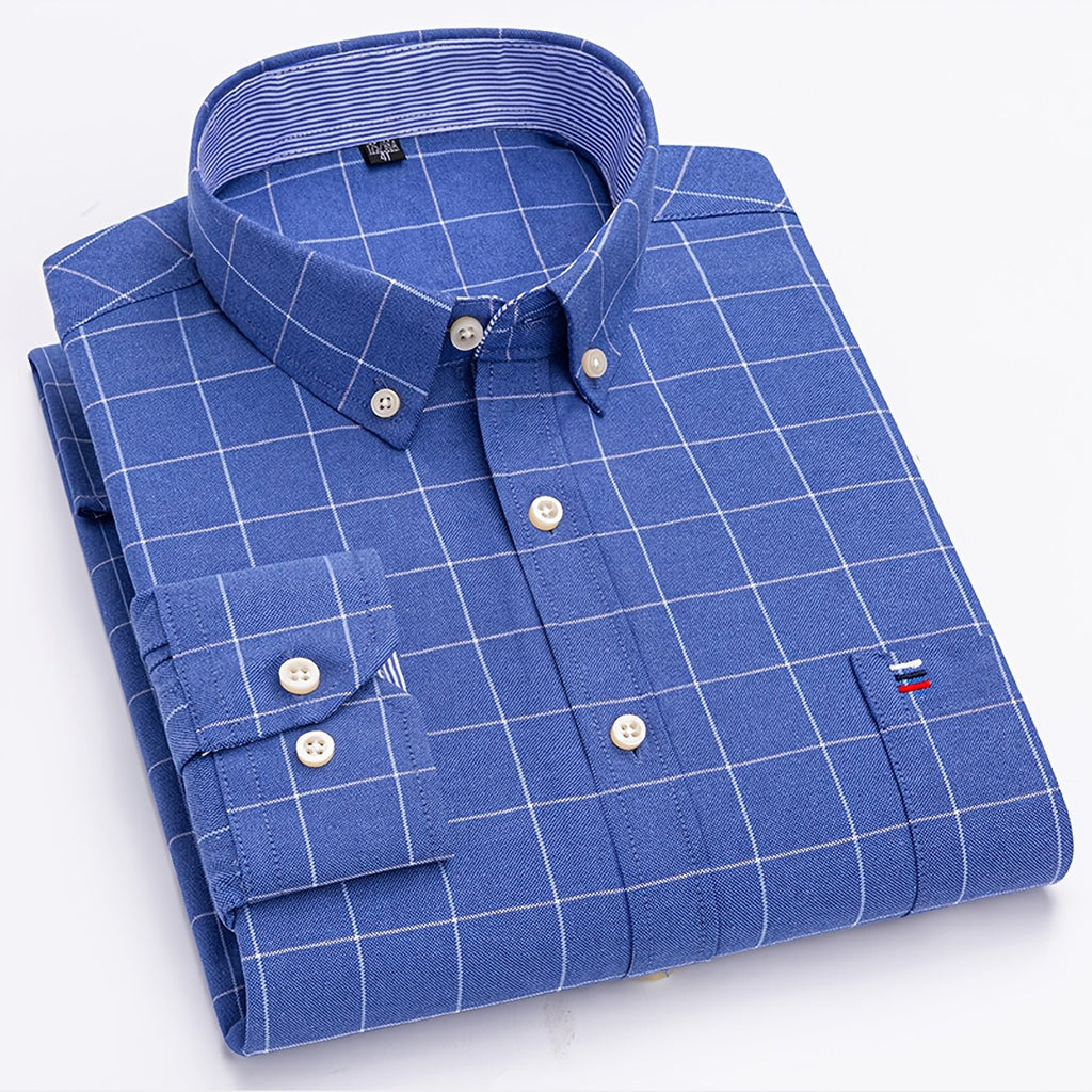 Chemise oxford ajustée pour homme, manches longues, boutonnée, motif à carreaux, poche poitrine, décontractée et formelle, collection printemps/automne, tissu durable