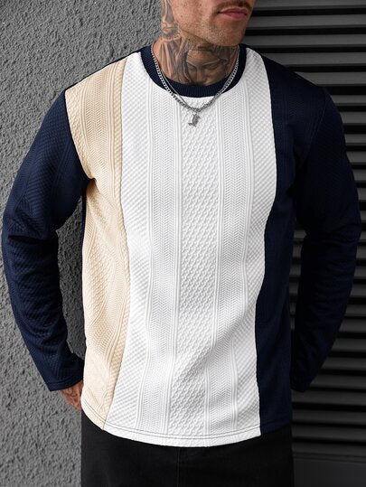 EGENSIO T-shirt à manches longues pour hommes en jacquard texturé avec blocs de couleurs pour l'automne