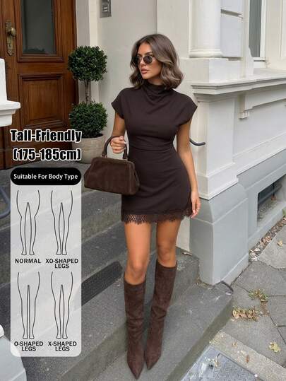 Tall Robe mini marron à panneaux de dentelle pour femmes grandes – Élégante, décontractée et prête pour le travail