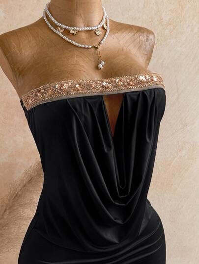 Ure Wave Robe mini pour femme semi-transparente et élégante, col bénitier, bandeau en maille patchwork à sequins, style bohème western, pour soirée, rassemblement, vacances, plage et festival de musique, tenue de fête, robe élégante, robe d'anniversaire