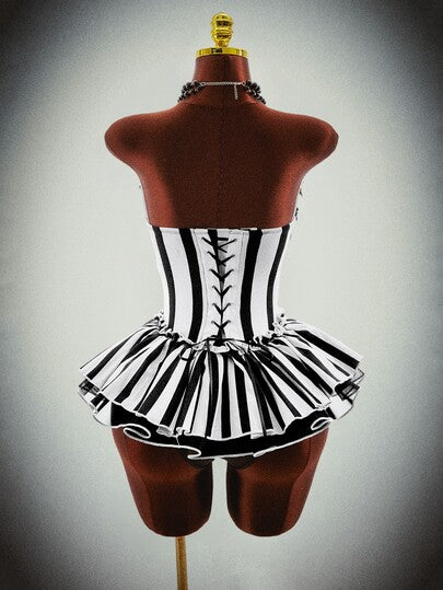 ICON Costume de clown gothique Moonlight Clown à rayures noires & blanches, robe mini sans bretelles, style sexy, convient pour une tenue d'Halloween